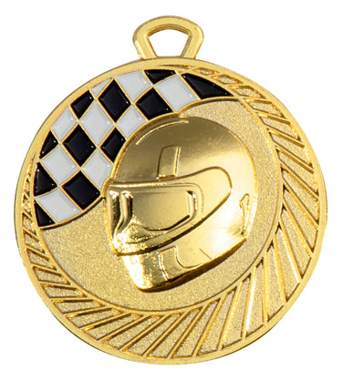 Motorsport Medaillen Aachen 50 mm PK79321 im Rennhelmdesign mit einem schwarz-weiß karierten Flaggenmuster im oberen linken Segment.